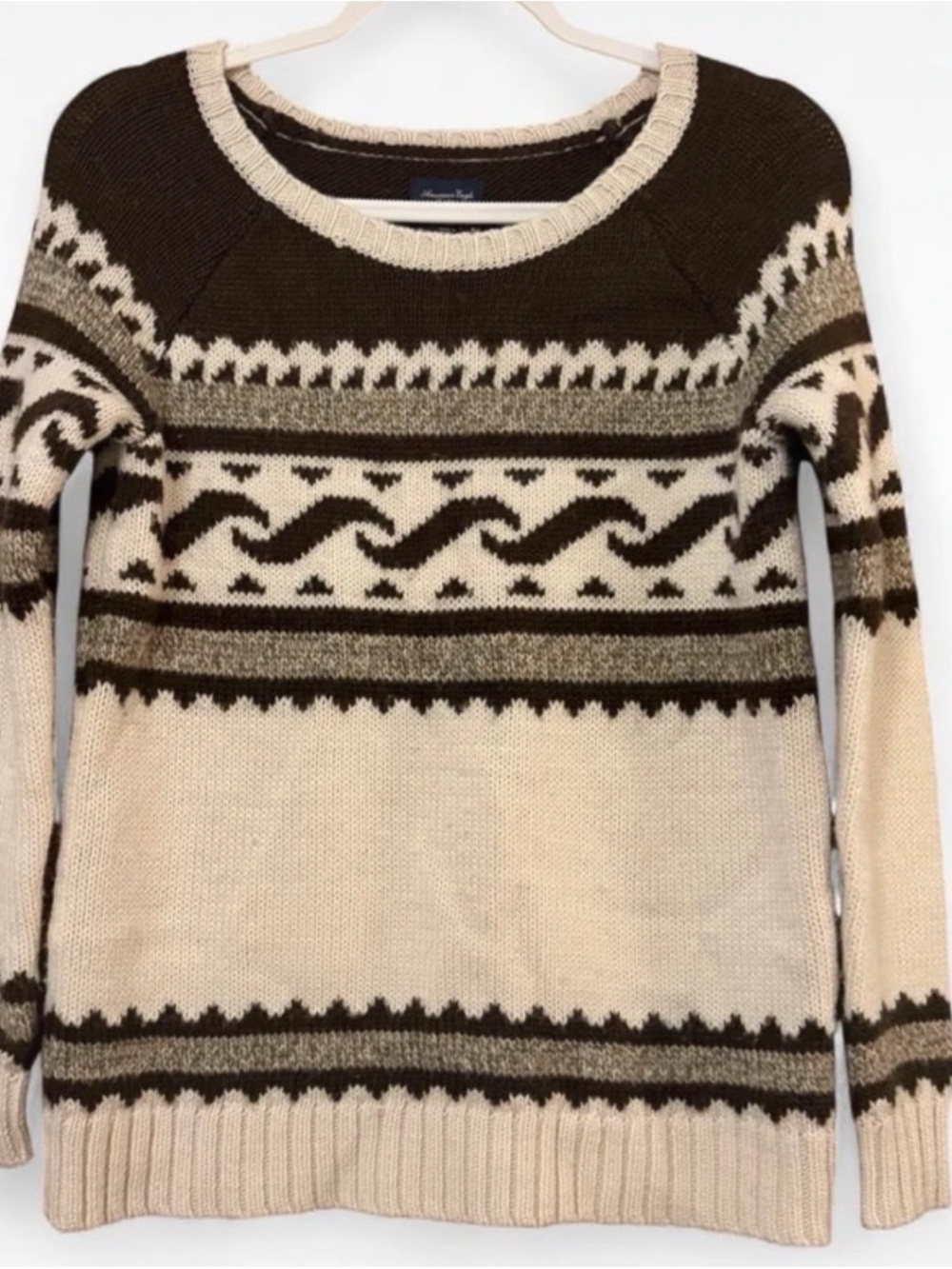 Vintage American Eagle Outfitters Fair Isle Crewneck Sweater - Cream & Brown